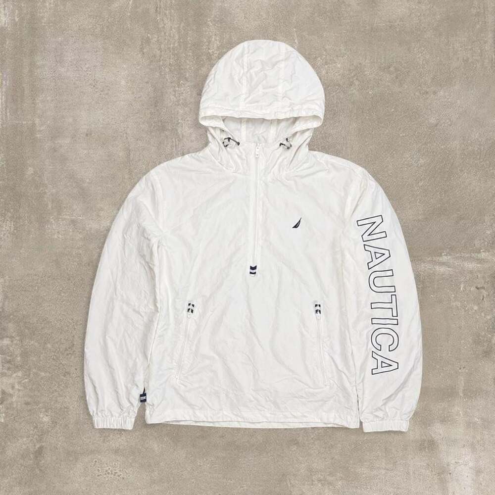 Nautica Hooded Windbreaker Jacket White Spell Out Sleeve